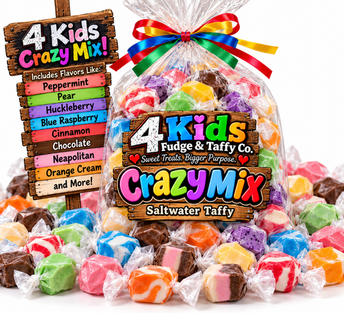 4 Kids Crazy Mix Saltwater Taffy bag with colorful taffy pieces
