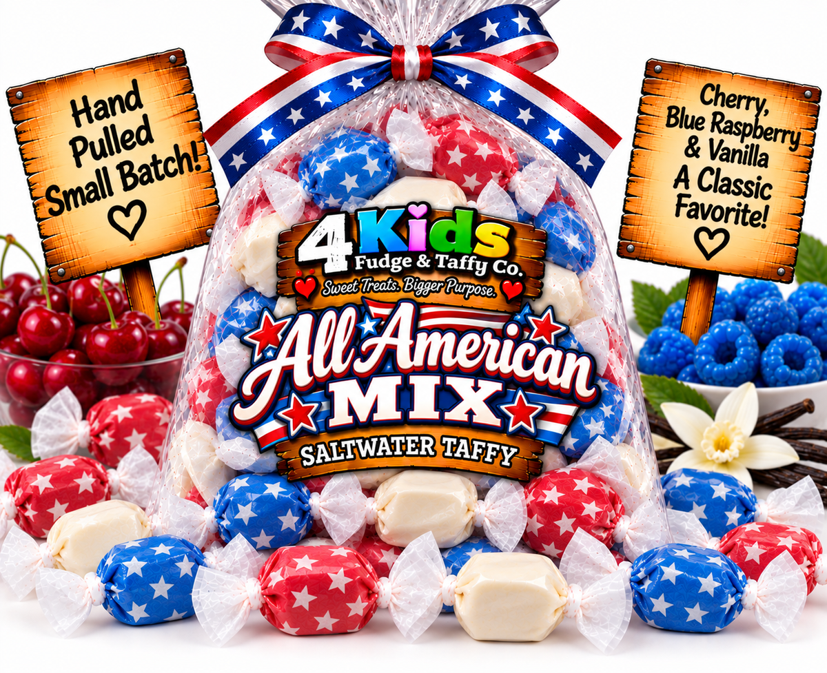 All American Mix Saltwater Taffy by 4 Kids Fudge & Taffy Co. - Cherry, Blue Raspberry & Vanilla