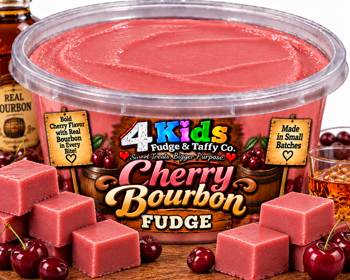 Cherry Bourbon Fudge by 4 Kids Fudge & Taffy Co. - bold cherry flavor with real bourbon in every bite, made in small batches