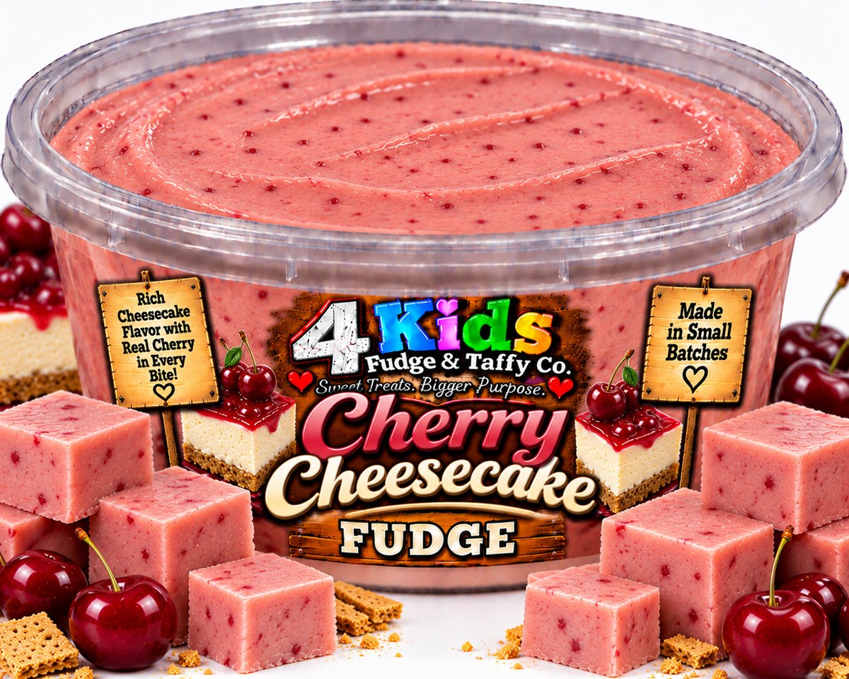 Cherry Cheesecake Fudge by 4 Kids Fudge & Taffy Co. - rich cheesecake flavor with real cherry in every bite, made in small batches