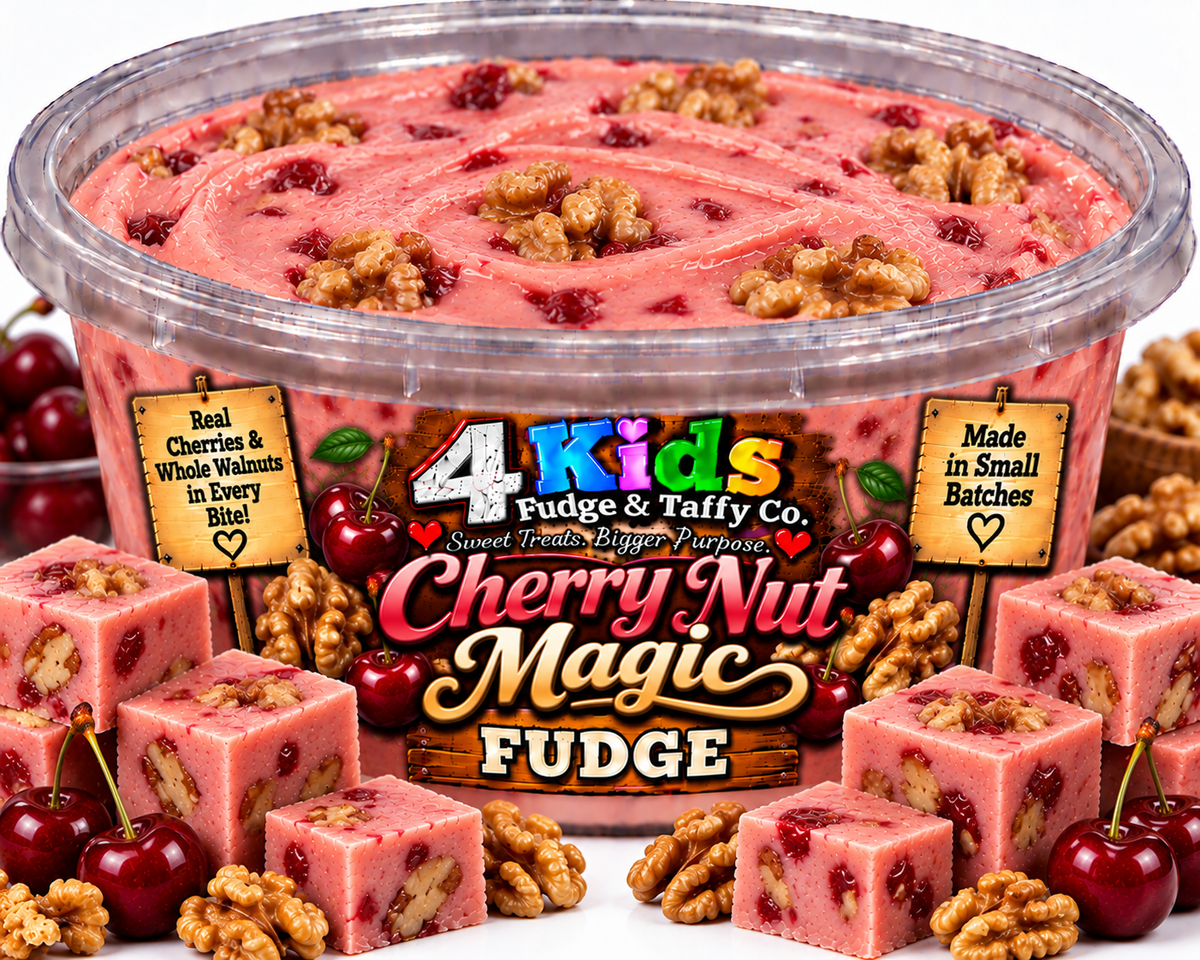Cherry Nut Magic Fudge by 4 Kids Fudge & Taffy Co. - real cherries and whole walnuts in every bite, made in small batches
