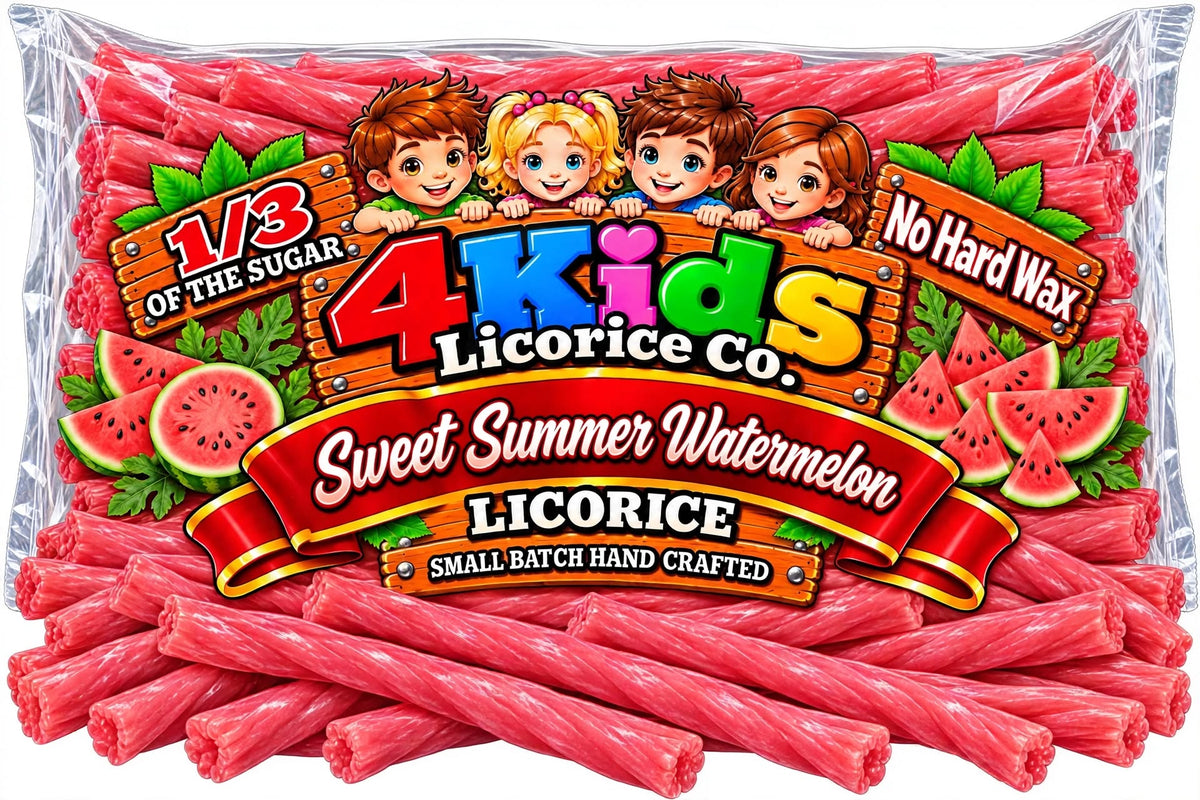 4 Kids Licorice Co. Sweet Summer Watermelon Licorice package with pink licorice twists and watermelon illustrations
