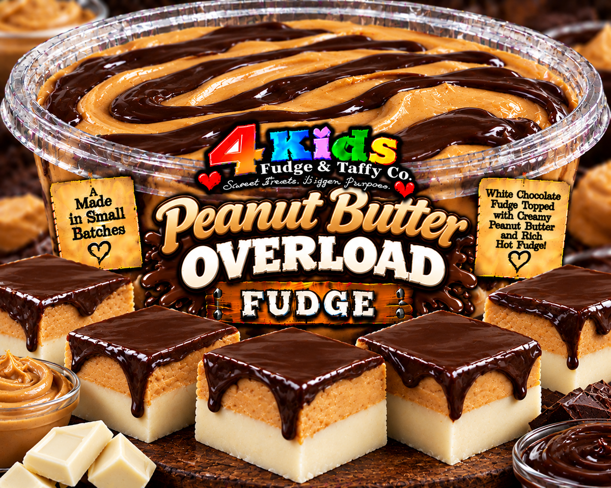 Peanut Butter Overload Fudge - white chocolate fudge with creamy peanut butter and hot fudge topping