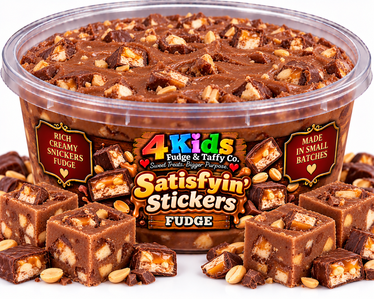 Satisfyin' Stickers Fudge - rich creamy fudge with chocolate caramel and peanuts