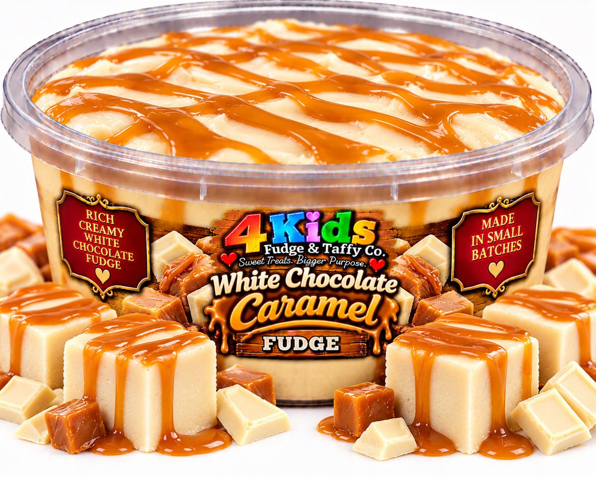 White Chocolate Caramel Fudge - rich creamy white chocolate fudge with caramel drizzle
